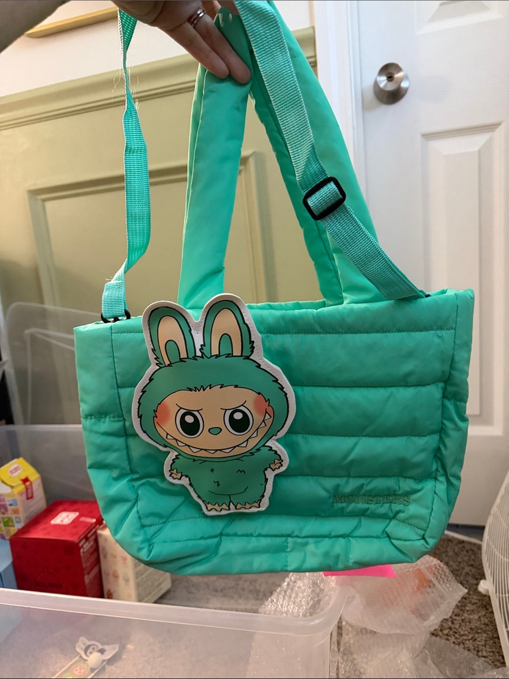 Mint Green Puffer Tote with Cute Character Patch